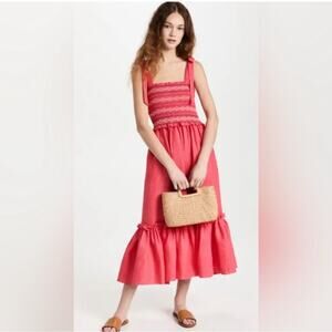 NWT Cara Cara Smocked 100% Linen Tie-Strap Jenny Dress Size Medium Coral